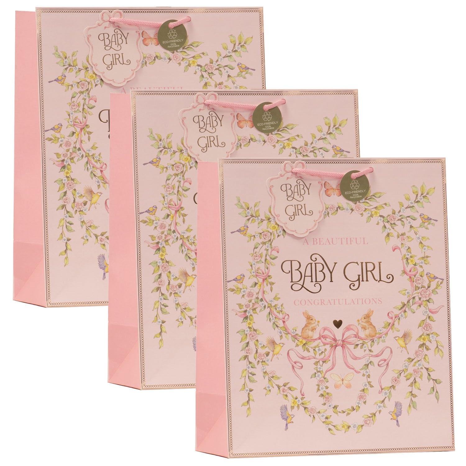 Design By Violet Baby Girl Large Gift Bag – Set of 3 Decorative Paper Gift Bag with Ribbon Handles for Baby Shower, New Baby and Christening Gifts, Eco Friendly and 100% Recyclable