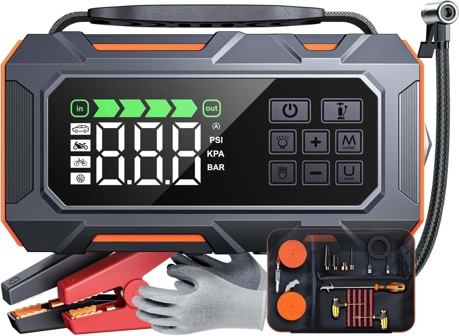 TREKURE 16-in-1 8000A Car Battery Jump Starter with Air Compressor 160PSI, Jump Starter Jump Box (All Gas 12L Diesel) with Portable Jumper Cables, Auto-Shutoff Tire Inflator, Gloves, Tow Rope