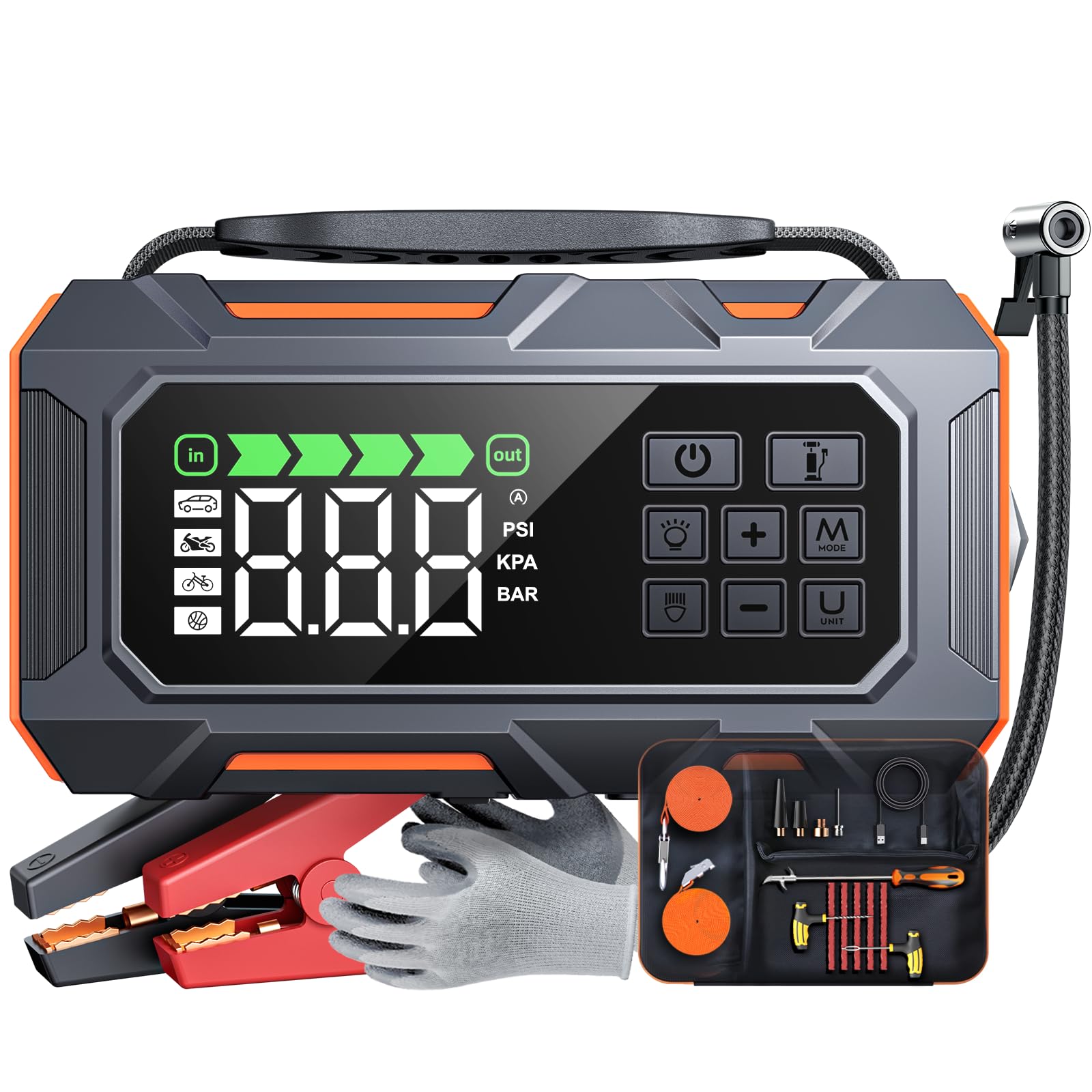 Portable Jump Starter with Air Compressor 8000A 160PSI, 16-in-1 Car Battery Jump Starter with Emergency Kit, Auto-Shutoff Tire Inflator, Jumper Cables, Jump Box Car Battery for All Gas/14L Diesel