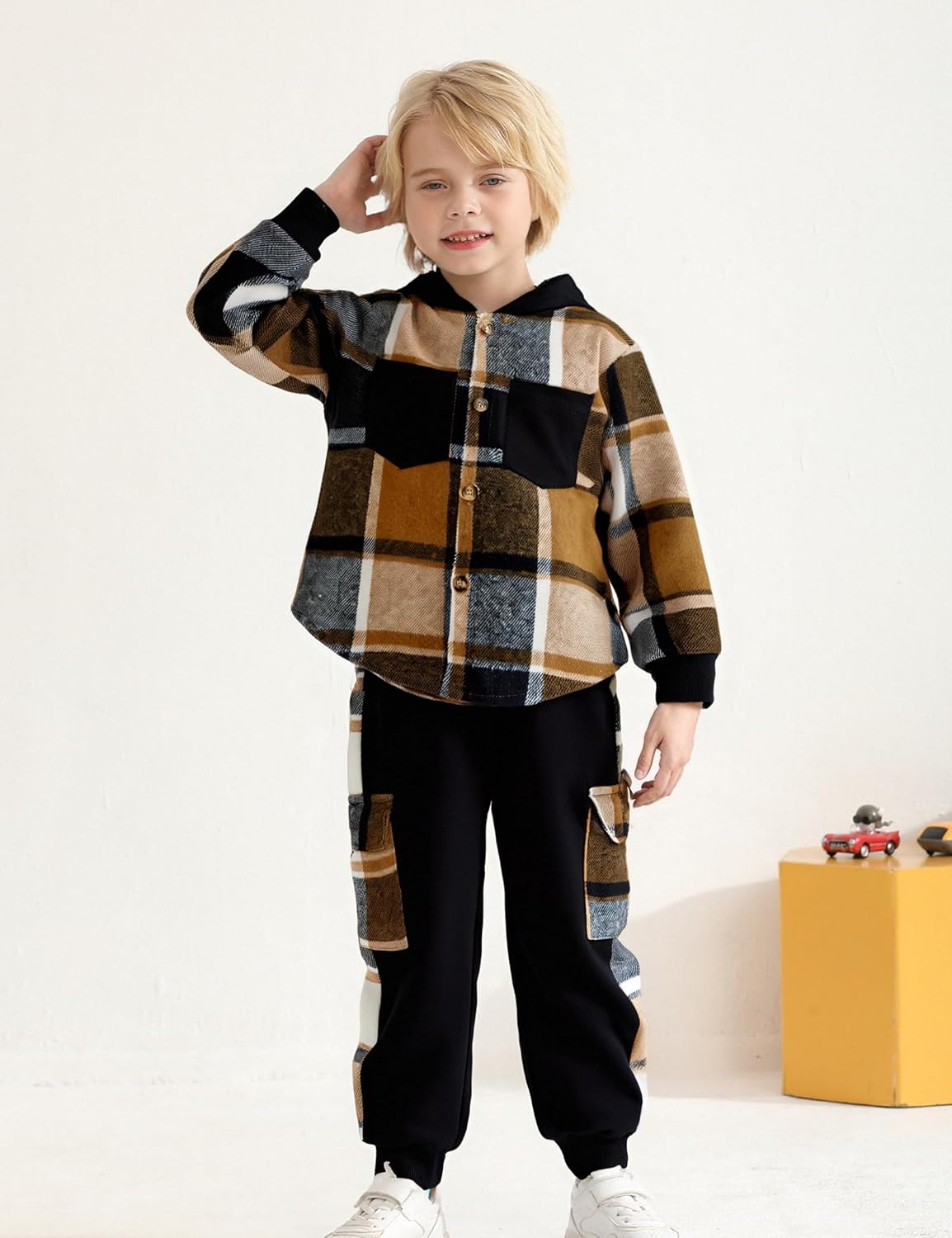 Boy Clothes Flannel Plaid Shirt Tops Pants Set Hoodie Sweatsuit+White T-shirt 3Pcs for Fall Winter Spring Outfits - Image 2