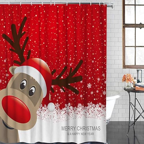 Miniatura 2 de Juego de cortinas de ducha con diseño de reno y ganchos, diseño de copos de nieve de invierno, decoración de cortinas de baño grises, poliéster