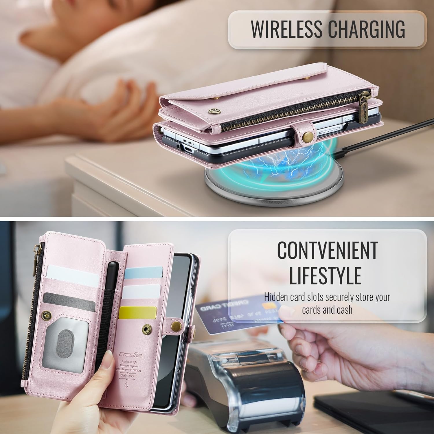 Compatible with Samsung Galaxy Z Fold 6 Leather Case, [RFID Blocking] [S Pen Holder] Multi-Functional Wallet Handbag Case with Card Slots Kickstand Crossbody Strap Lanyard for Women Men (Pink)