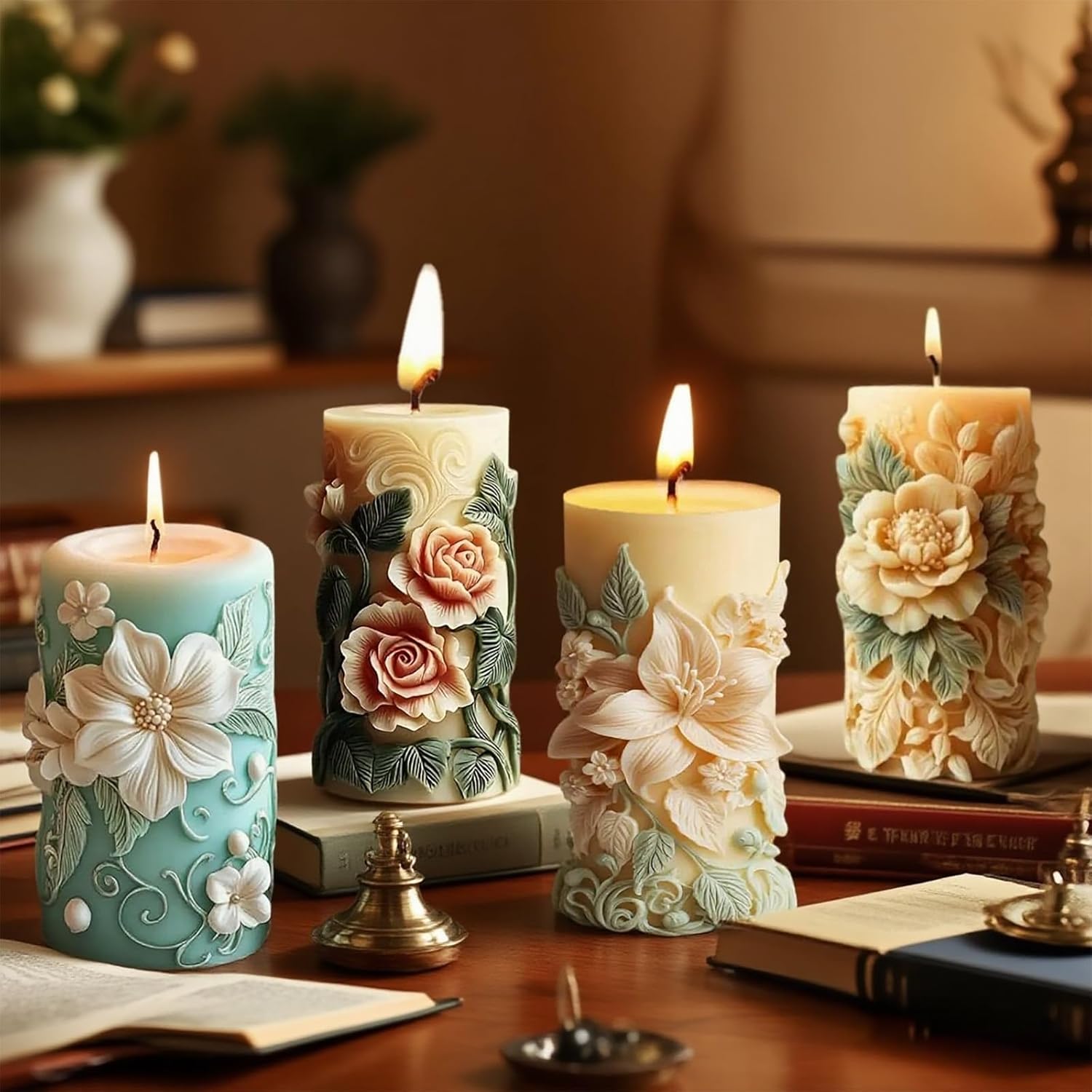 4 PCS Pillar Flower Candle Molds for Candle Making, Resin Casting Silicone Molds for Epoxy Resin Craft & DIY Soap, Perfect for Wedding Home Decor Handmade Gifts