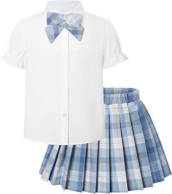 Betusline Girls Skirt Set JK School Uniform 2-Piece Outfit - Short Sleeve Shirt with Bow & Pleated Skirt 4T-14Y