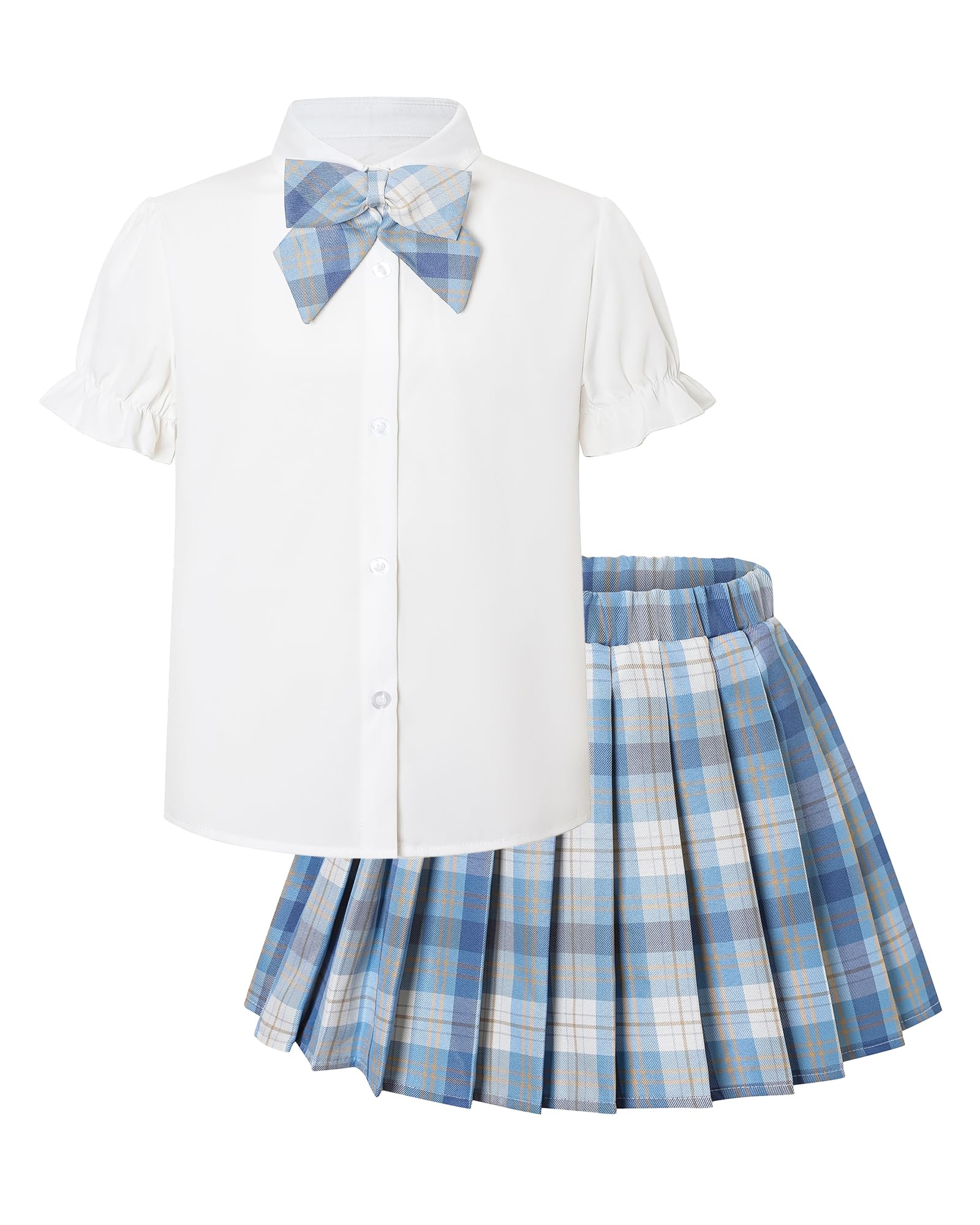 Betusline Girls Skirt Set JK School Uniform 2-Piece Outfit - Short Sleeve Shirt with Bow & Pleated Skirt 4T-14Y 11-12 Years A Plaid Blue