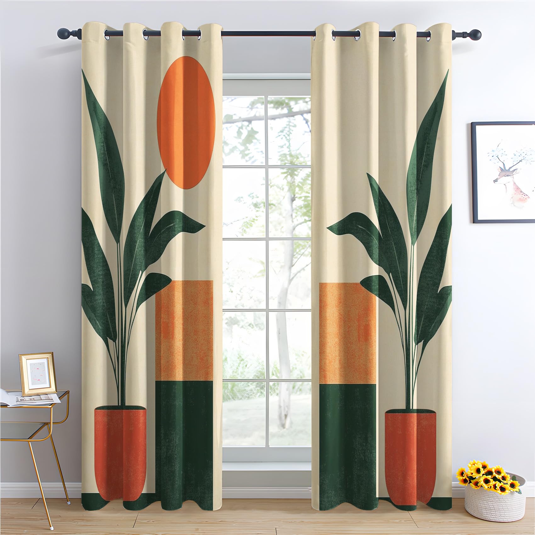 Venivici Mid Century Modern Blackout Curtains for Bedroom Living Room - 84 Inch Drop Curtains Eyelet, Boho Leaf Geometric Patterned Window Treatments, Thermal Insulated Drapes 52x84 2 Panels