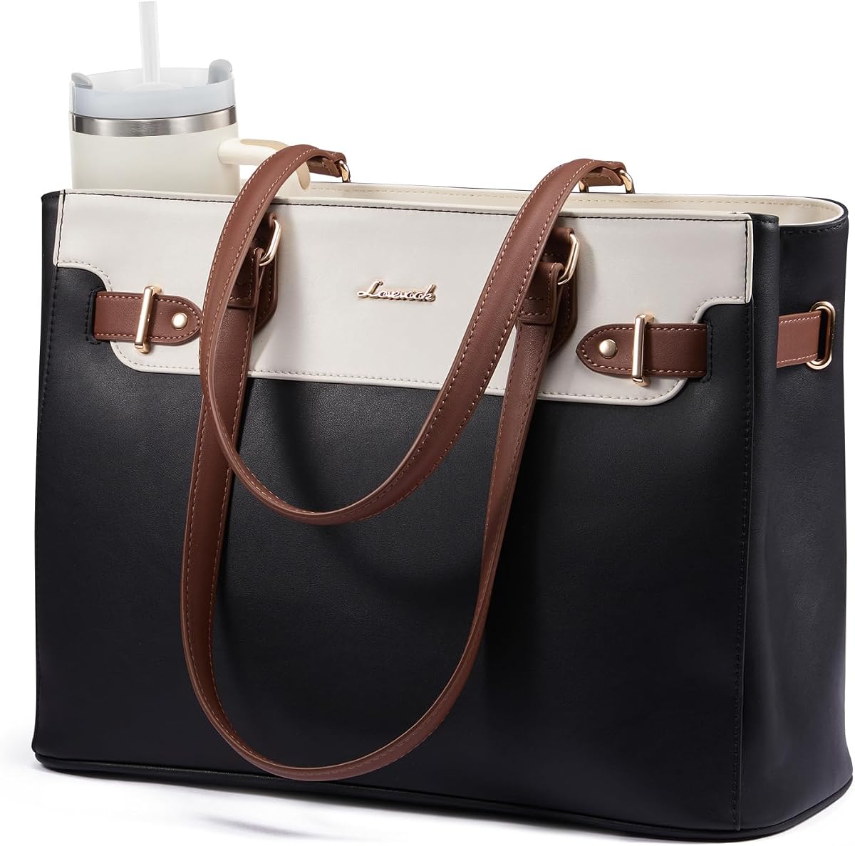 Laptop Tote Bag for Women Work, Teacher Tote Bag with Large Cup Holder, Waterproof Leather Computer Bag