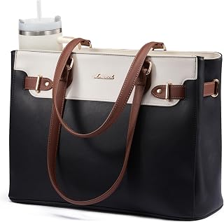 LOVEVOOK Women's 15.6 Inch Laptop Tote Bag - Waterproof PU Leather Work Bag with Large 30oz Cup Holder for Teachers