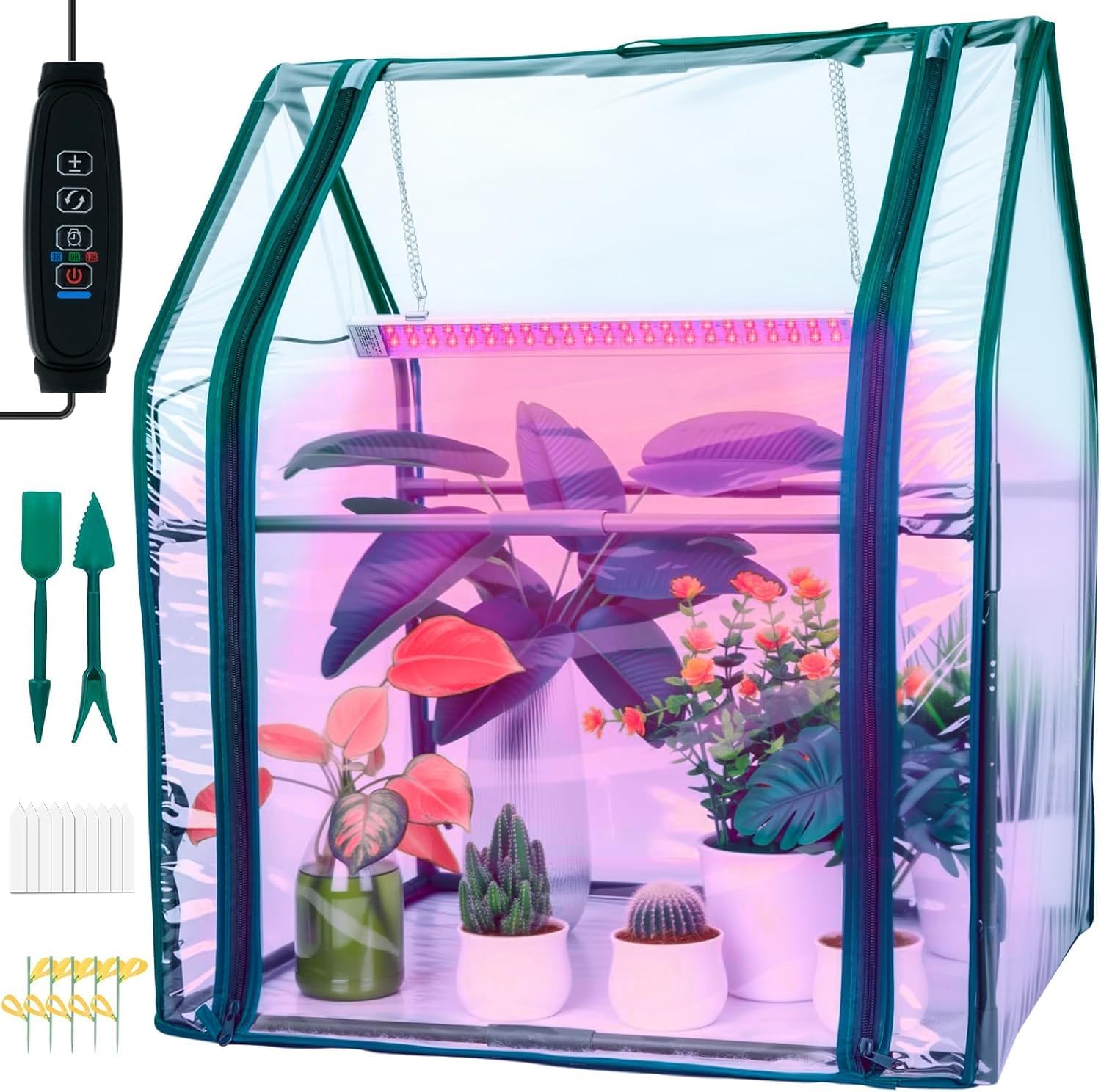 Mini Green House with Grow Light, Mini Greenhouse Indoor, 15W Full Spectrum Plant Lights & Timer for Seed Starter Tray, Indoor Outdoor Plants 24"x16"x20"