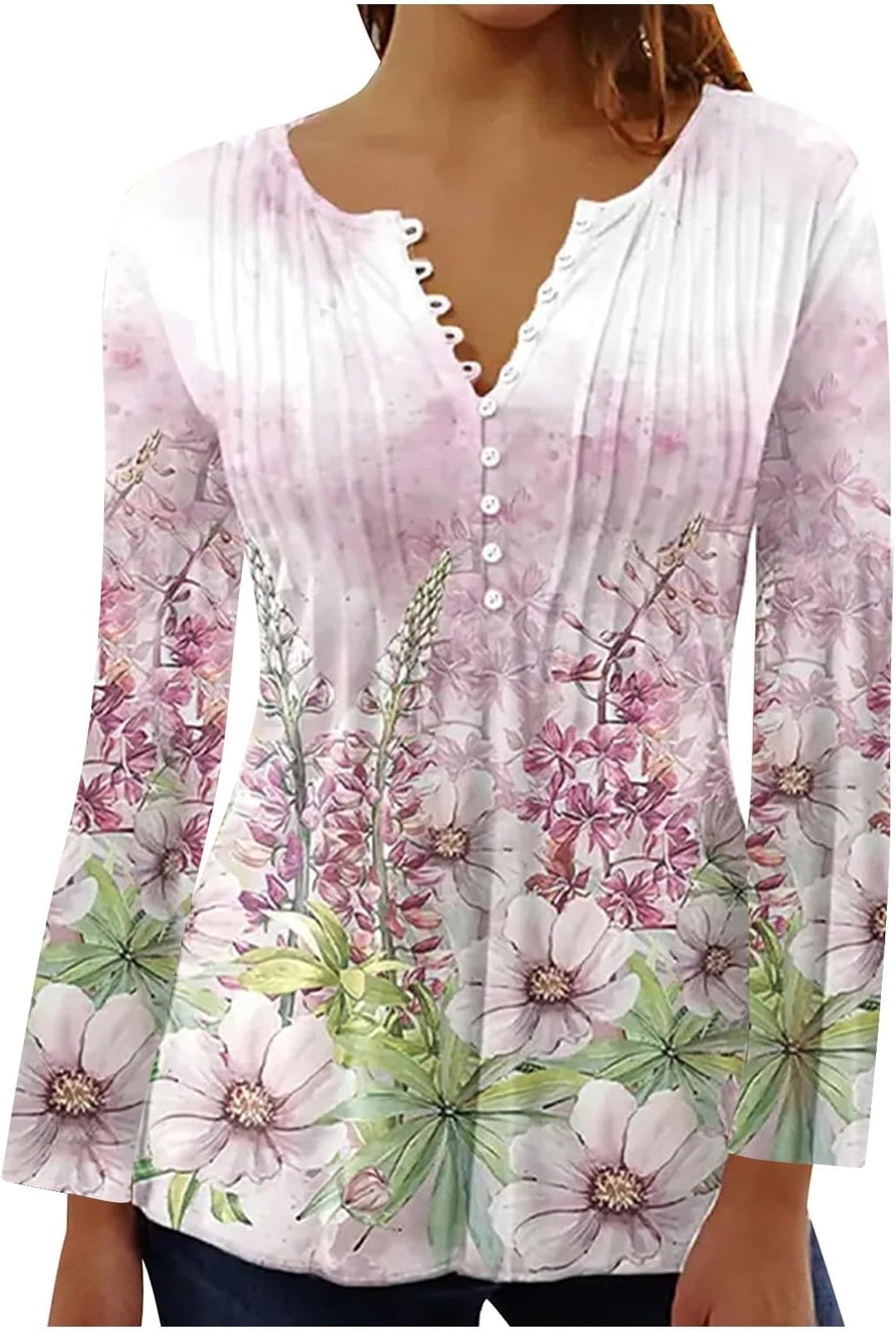 YolokeElegant Floral Print Long Sleeve Tunic Tops for Women Casual Pleated Button Up Henley T-Shirts Blouses Dressy Tunics