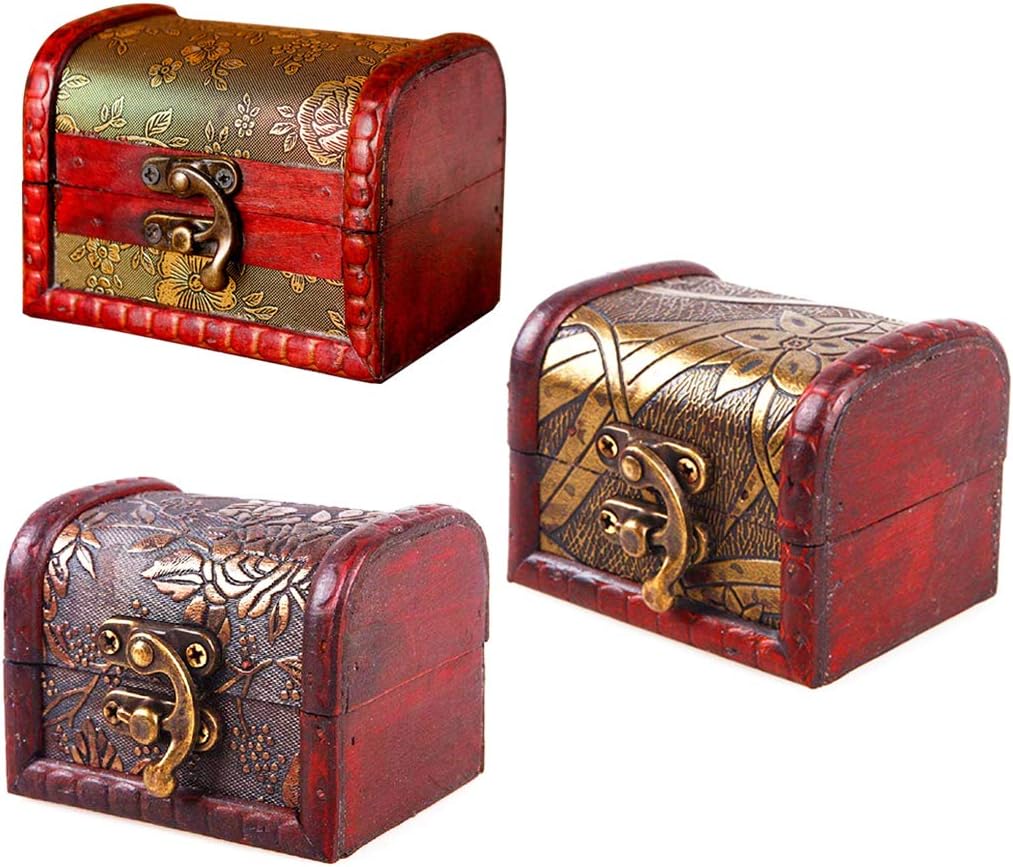 3Pcs Vintage Handmade Treasure Lock Small Wooden Box, Jewelry Pearl Necklace Bracelet Storage Holder Wooden Case Gift Box(3 Mixed Patterns)