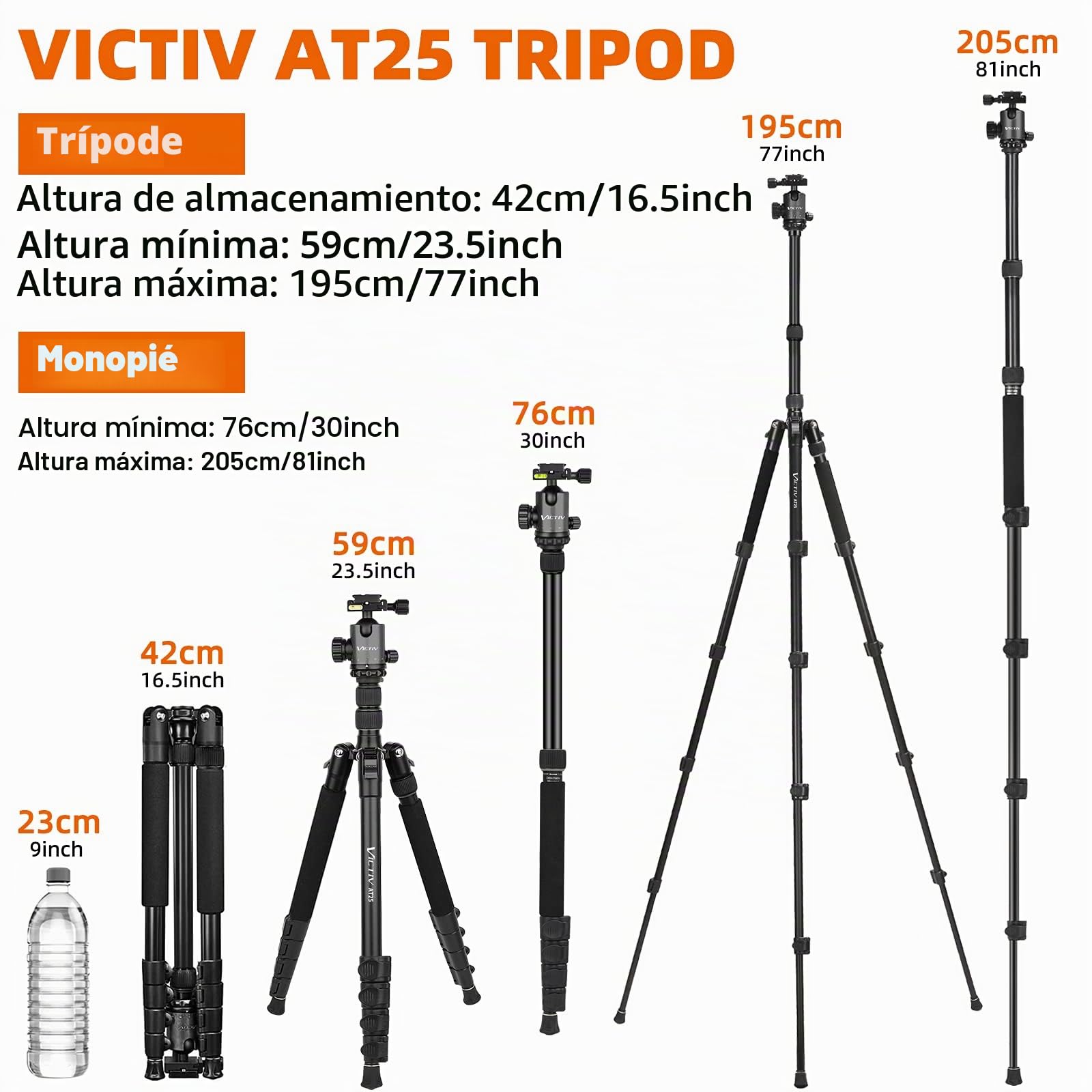 Victiv Trípode Cámara 206cm, Trípode de Viaje Portátil de Aluminio para DSLR, 360° Rótula de Bola Panorámica una Capacidad de Carga de 15 kg, Monopié Desmontable con Bolsa de Transporte - Negro