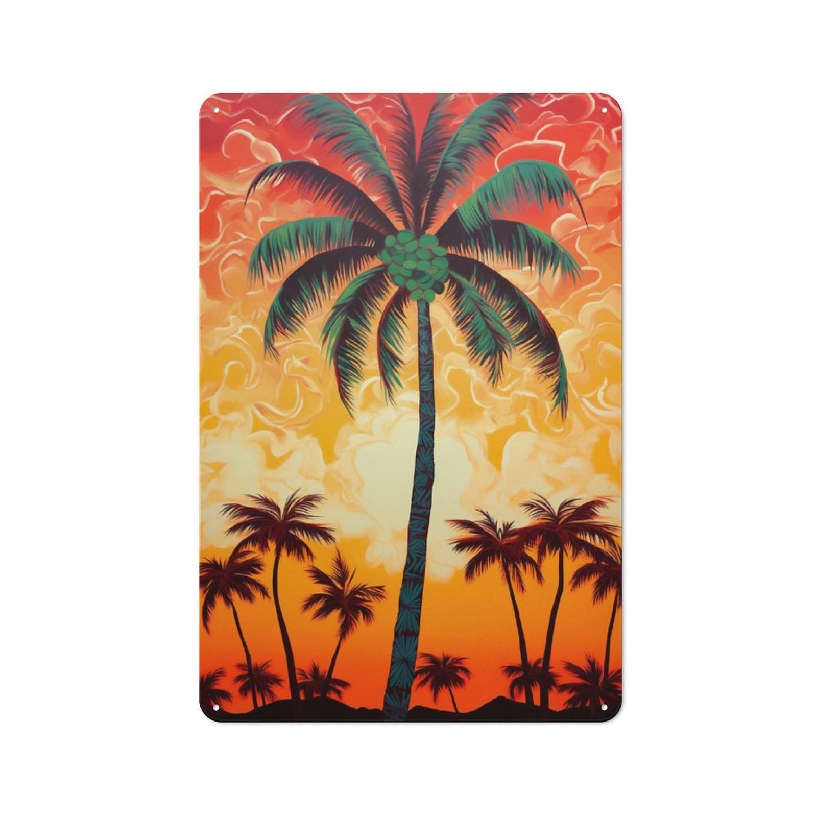 Junmoney Coconut Sunset Oasis Decorative Tin Sign With Design 30X20cm, Nostalgic Old Style Wall Plaque For Living Room, Hallway, Kitchen Or Cafe