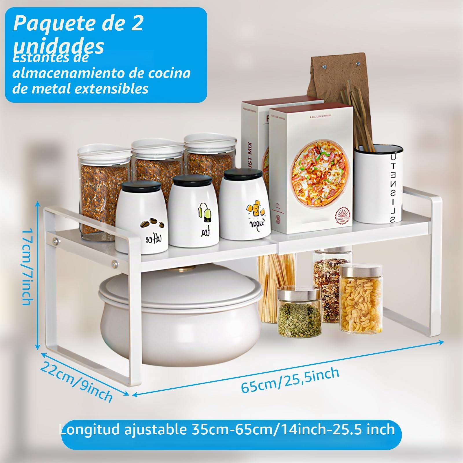 AKOLAFE 2 Piezas Estante Cocina Extensible Blanco, Organizador Cocina de Metal 35-65 Cm, Estantería Armario para Especias Encimera Bano Oficina Aparador