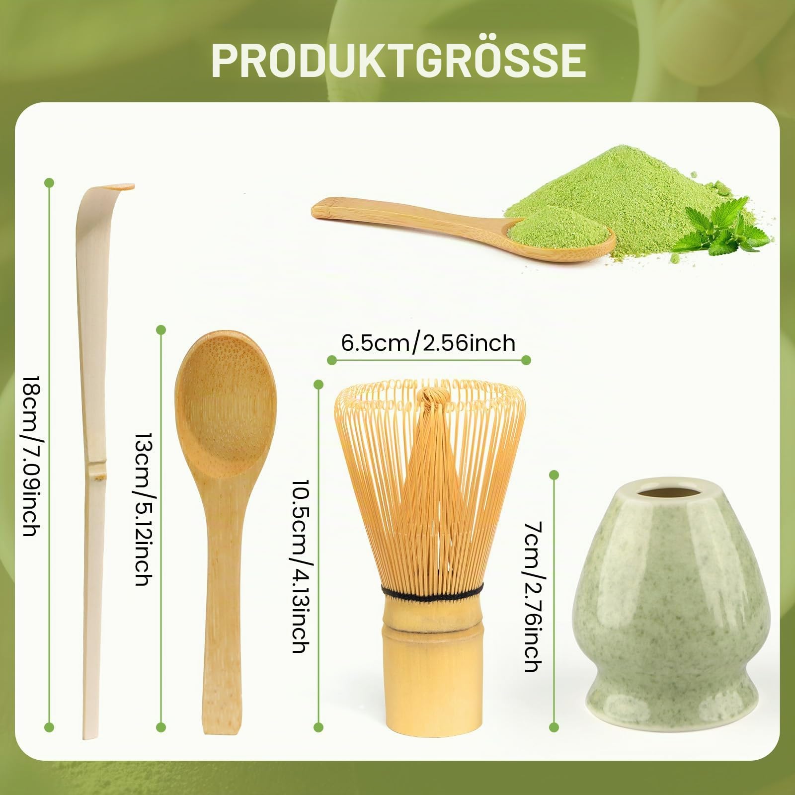 4 Piece Matcha Set, Matcha Broom, Macha Tea Set with Matcha Spoon, Whisk Holder, Matcha Besen, Matcha Zubehör Traditional Japanese Tea Ceremony Best Gift for Matcha Lovers, Grün gesprenkelt