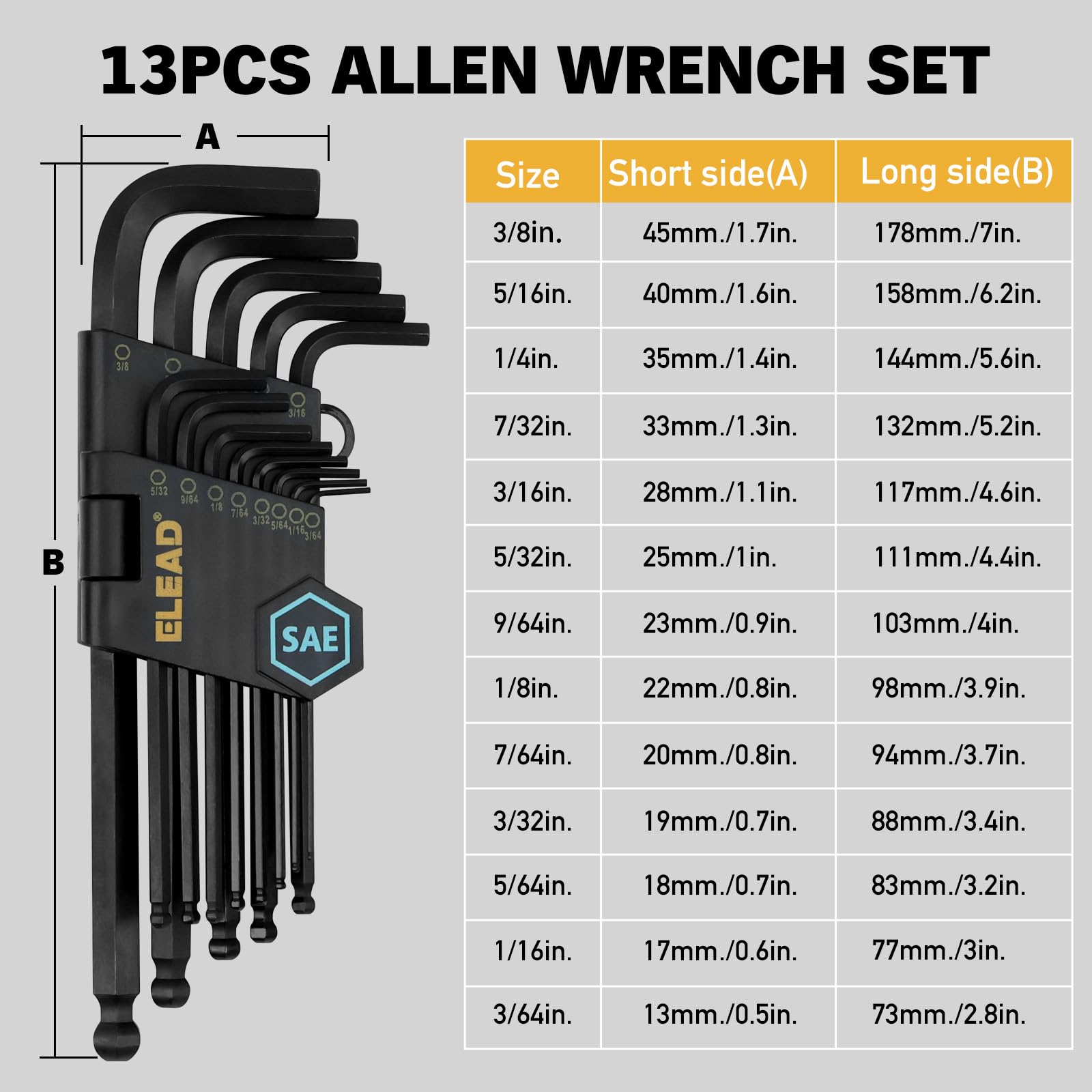 ELEAD Juego de llaves Allen SAE de 15 piezas con barra de extensión, 3/64-3/8 pulgadas, diseño de extremo de bola de brazo largo, acero S2 tratado térmicamente