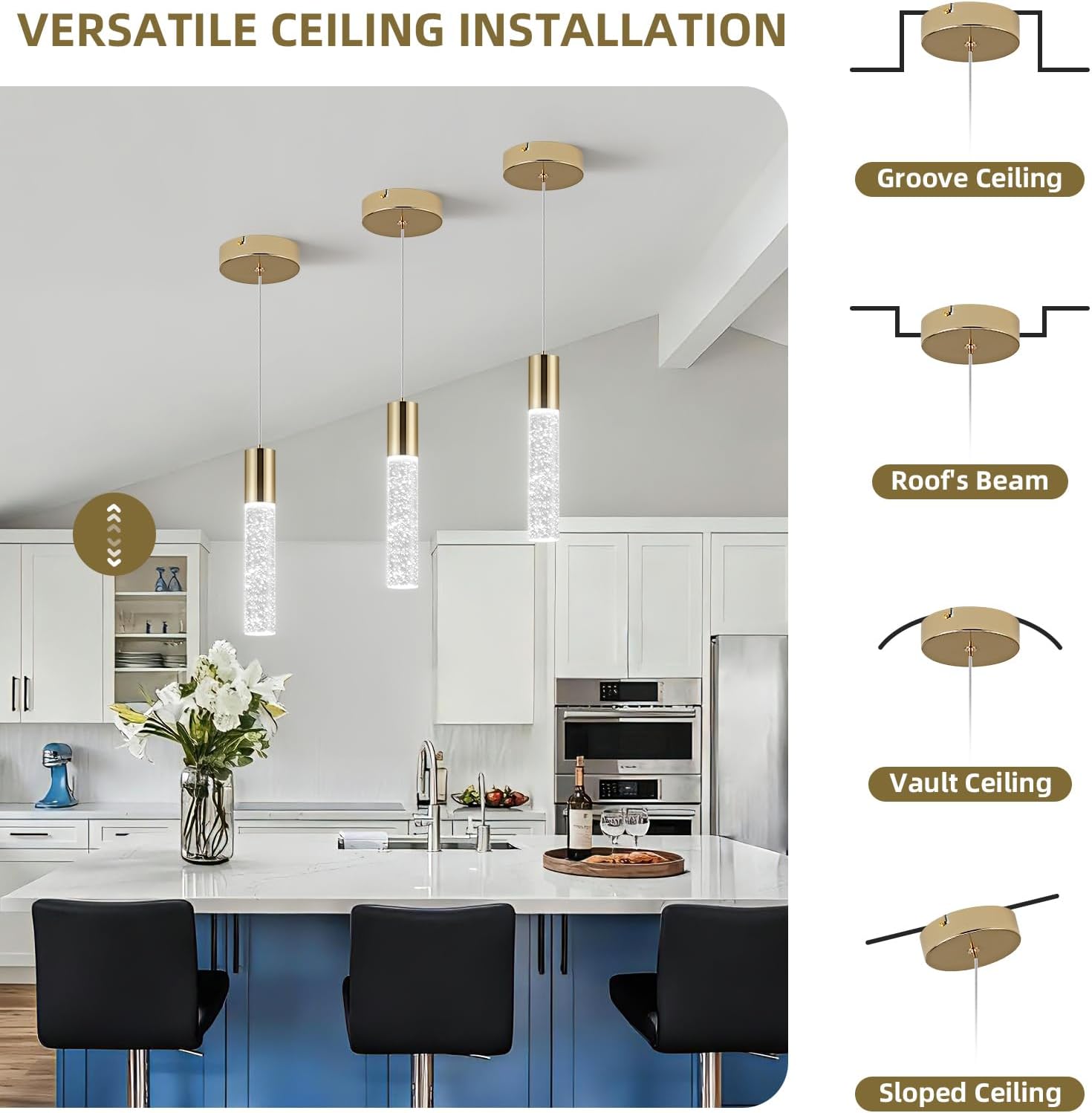 OKELI Modern Pendant Light,3 Color LED Bubble Crystal Island Light Fixtures,Gold Mini 3CCT Pendant Lighting for Kitchen Island,Bar,6W,3000-6000K,ETL