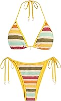 ZAFUL Women's Colorblock Stripes Triangle Halter Cheeky Thong Bikini Set - High Cut 2-Piece Swimsuit