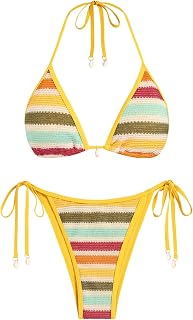 ZAFUL Women's Colorblock Stripes Triangle Halter Cheeky Thong Bikini Set - High Cut 2-Piece Swimsuit