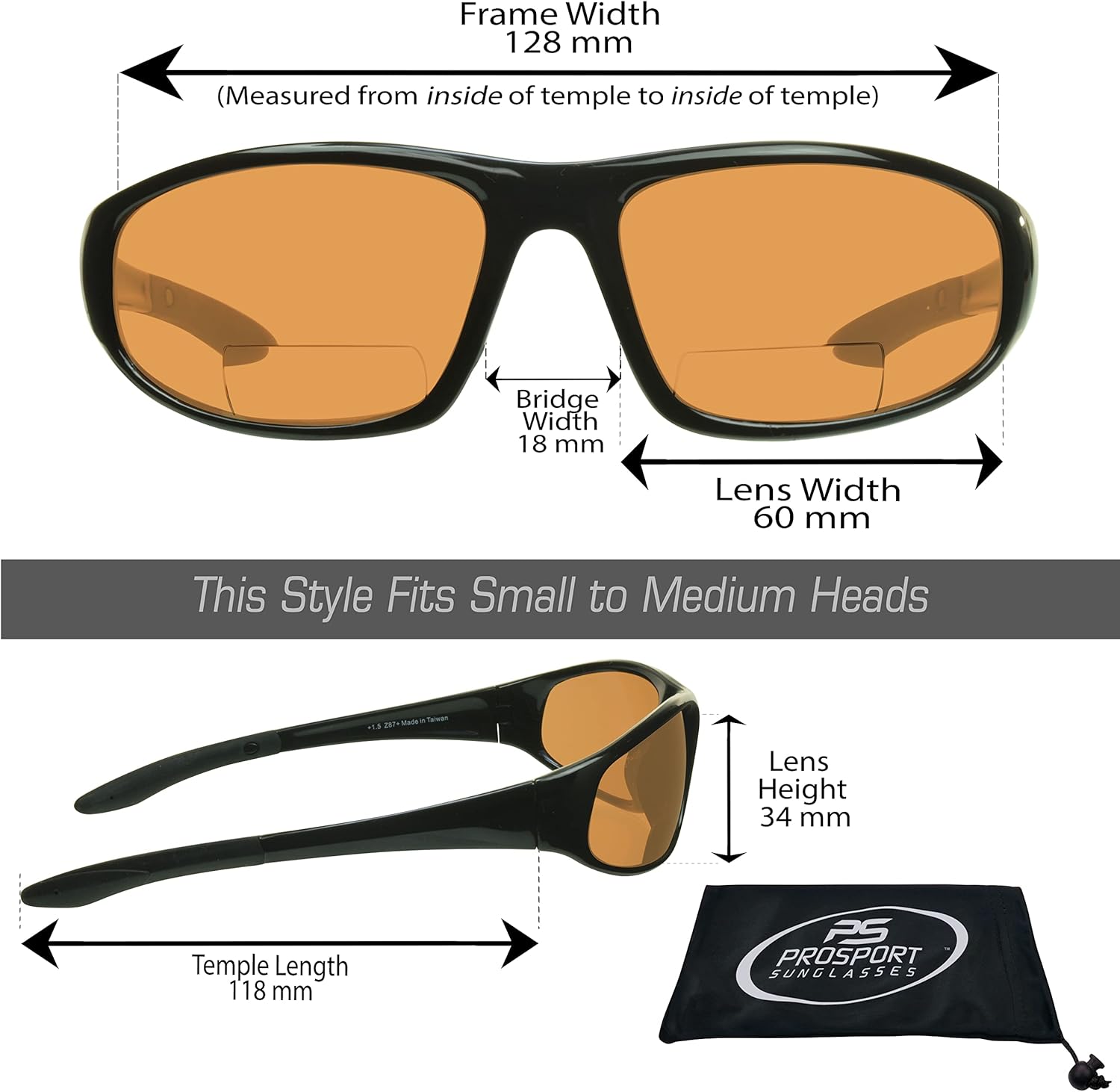 proSPORT Bifocal Sunglasses, HD Amber Lenses Blue Light Blocking, Improves Sleep, Sport Wrap Frame, Small to Medium Fit