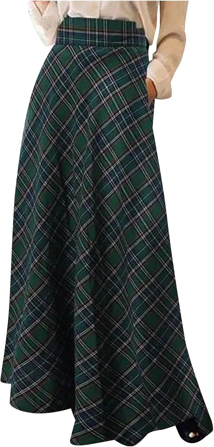 Women's Plaid Skirt Warm Elastic Waist Faux Wool A-Line Pleated Tartan Winter Long Skirts Plus Size Retro Skirts