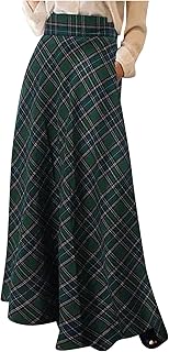 Christmas Womens Plaid Wool Skirts Elastic Waist A-Line Pleated Tartan Long Skirt Fall Fashion Outfits Winter Clothes