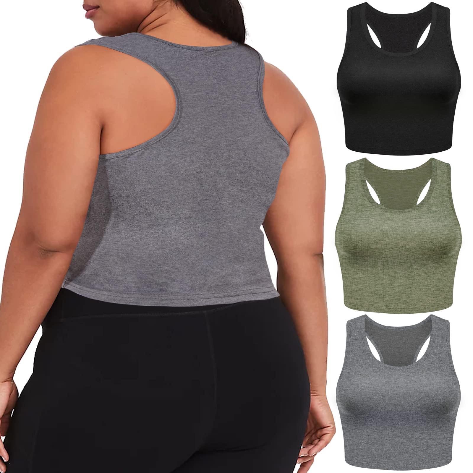 Moon Wood 3 Pieces Basic Plus Size Cropped Tank Tops for Women Sleeveless Racerback Crop Tank Top Sports Workout