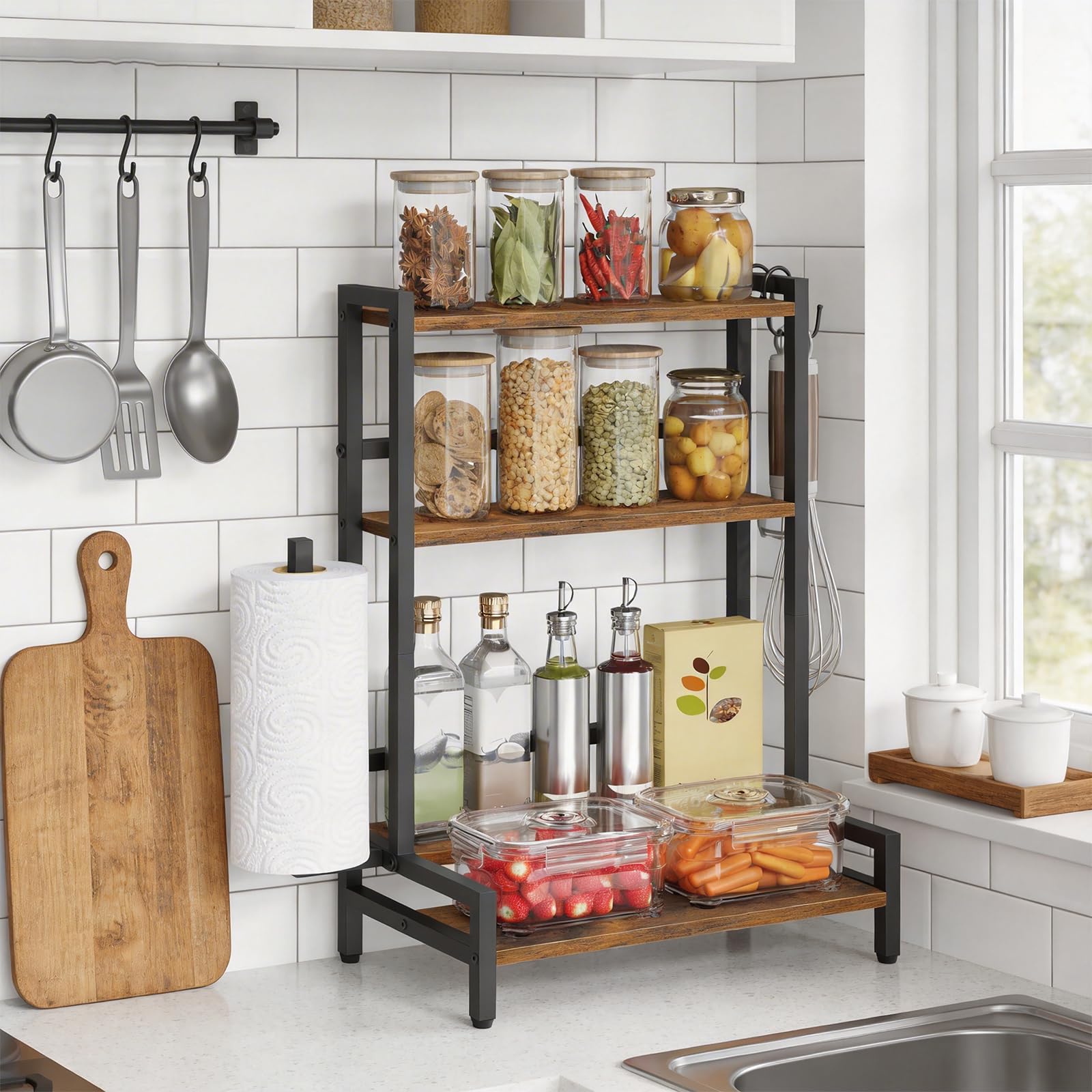 MAHANCRIS Kitchen Countertop Storage Shelf, Spice Rack Counter Top, 4-Tier Desktop Organiser with Towel Holder, Coffee Station, Seasoning Rack for Kitchen, Dining Room, Rustic Brown ASPHR17601