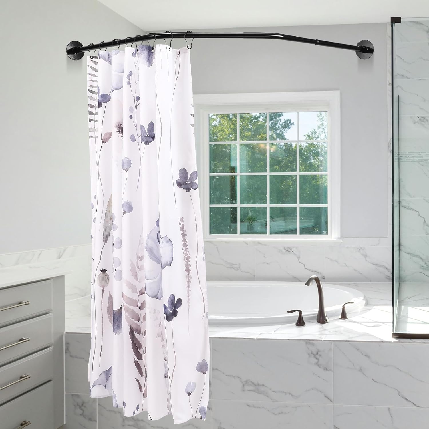 Adjustable Black Corner Shower Curtain Rod with 12 Hooks, 31-41 Inch Diamond Shaped Shower Curtain Rod, Curved Rustproof 304 Stainless Steel Shower Rod for Bathroom Bathtub Drill and No Drill