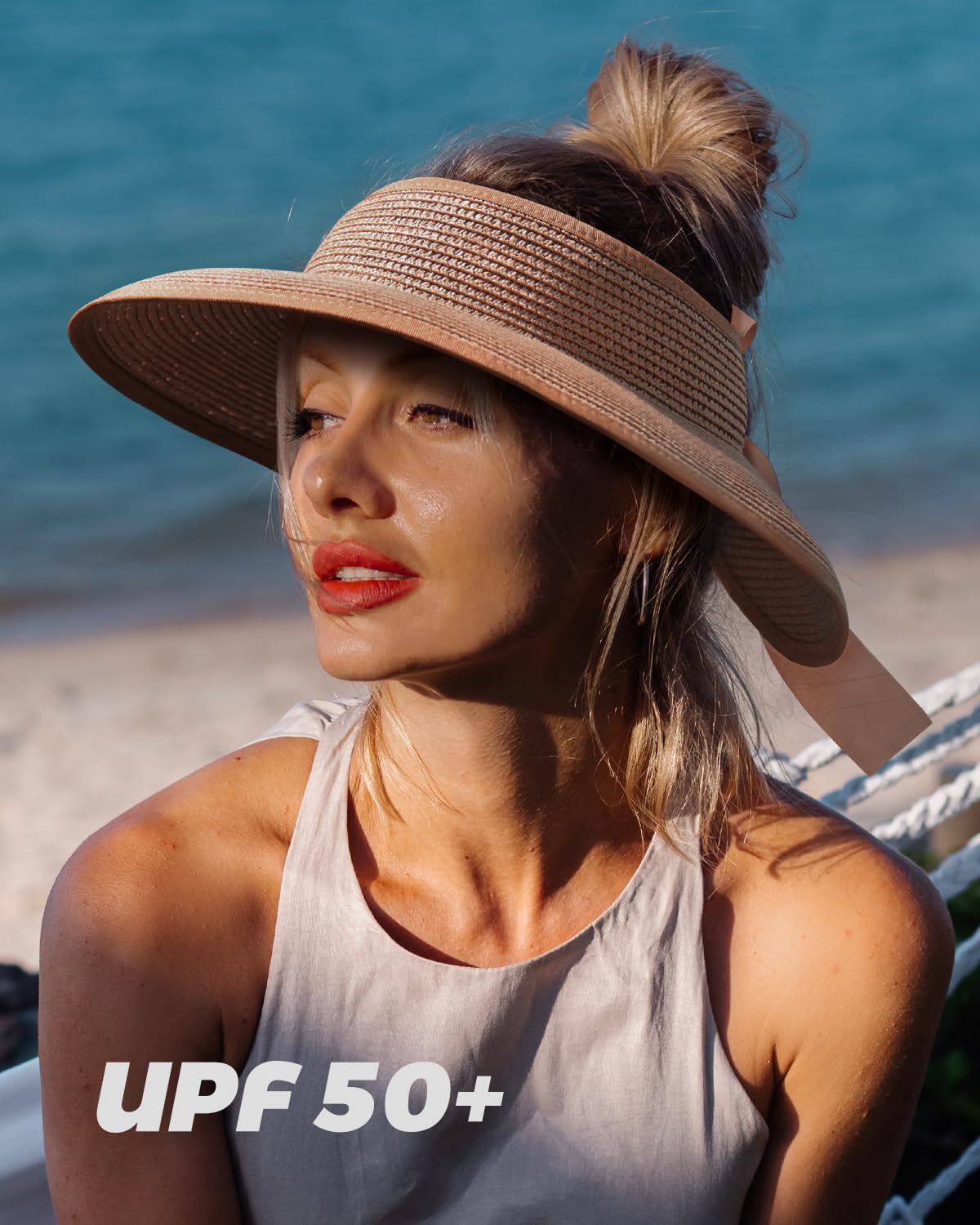 Creekstone Cappelli da donna con visiera in paglia a tesa larga, protezione UV, ripiegabile, cappello estivo da spiaggia, coda di cavallo, da viaggio, UPF 50+