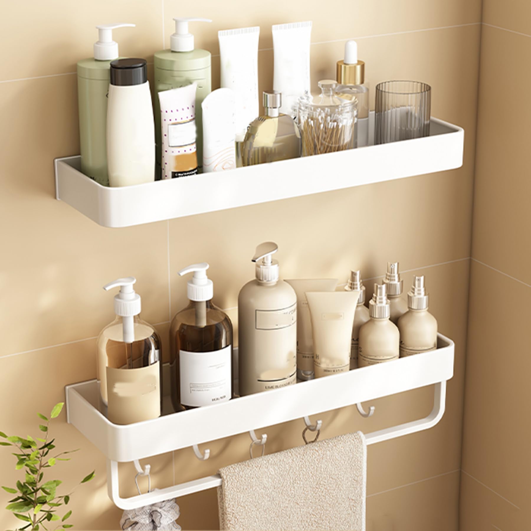 Estantes de Ducha Aluminio 2 Paquetes, estantes Ducha Adhesivos con Gancho, Estante Ducha Resistente al óxido Gran Capacidad, Organizador Almacenamiento baño Montaje en Pared,White e,50CM