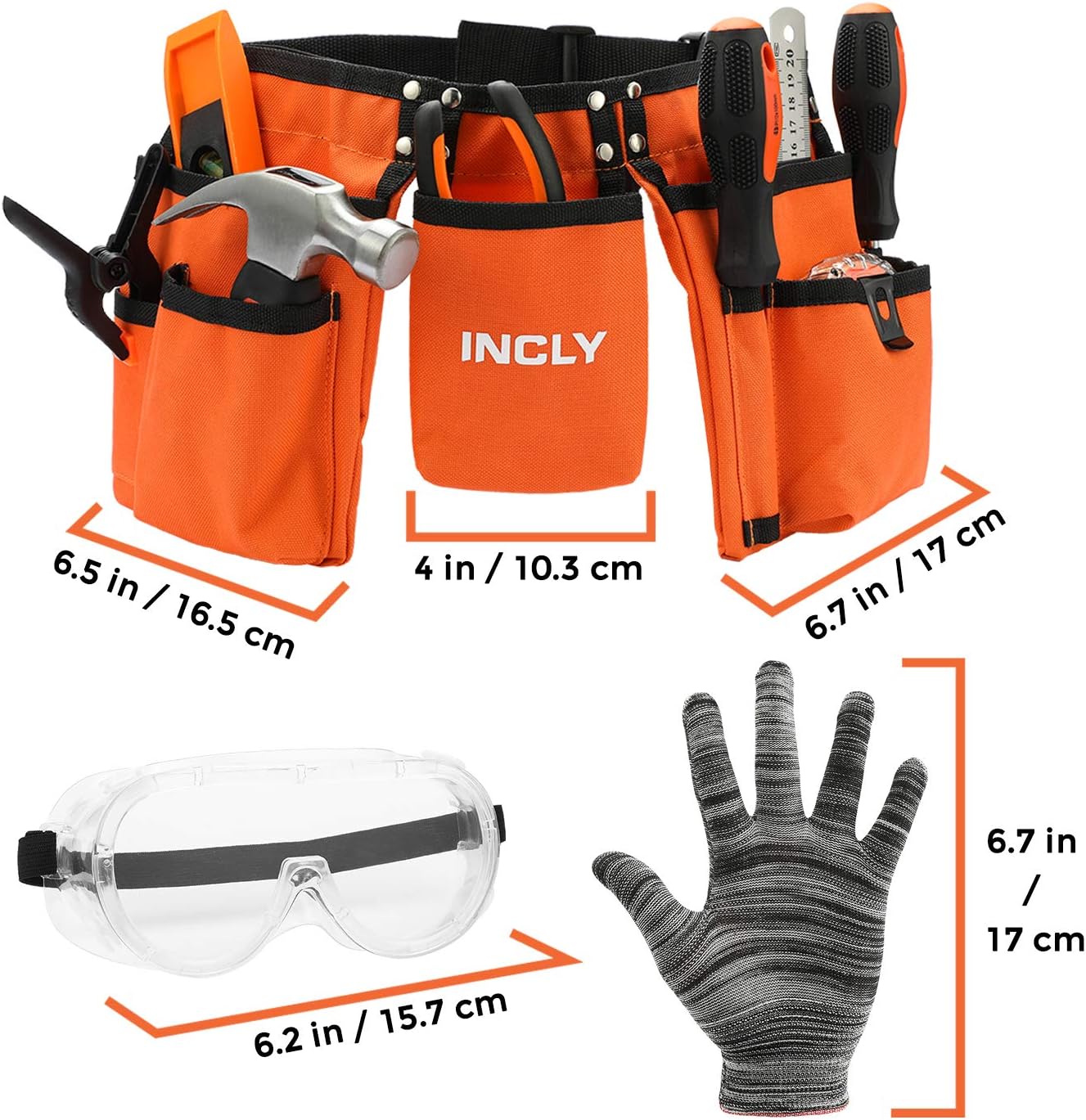 INCLY 18PCS Kids Tool Set with Reinforced Belt, Adjustable Waist 20"-32", Boys Real Hand Tools Kit Children Construction Learning Tools Hammer Screwdriver for Home DIY Building & Woodworking