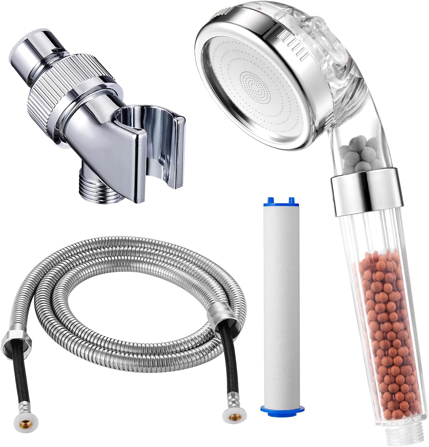 Filtered Shower Head with Mineral Stone Beads Filter, 3 Settings Handheld Spray Shower, High Pressure Water Saving Showerhead with Hose, Adjustable Shower Arm Mount and PP Cotton Filter Refill