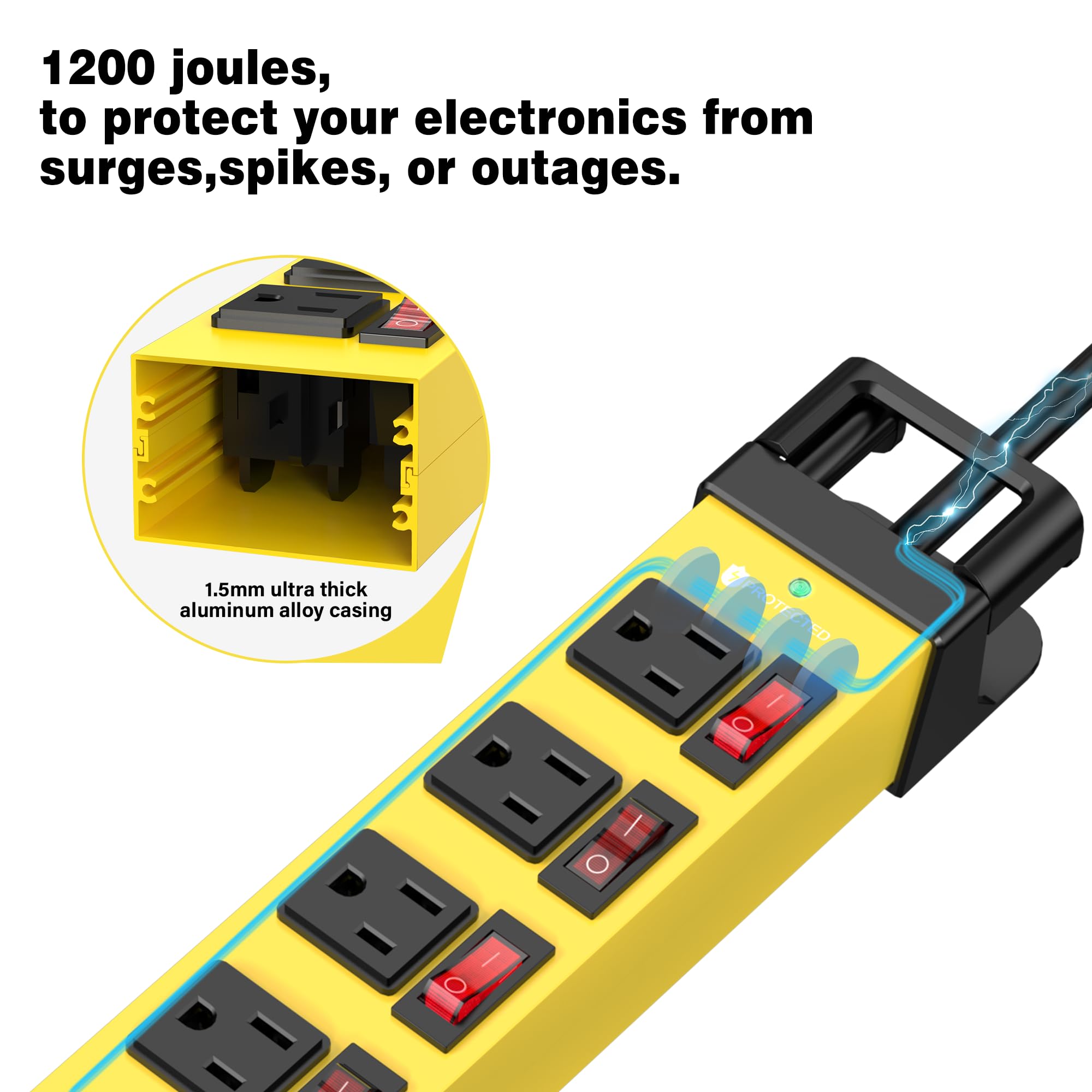 Bloc d'alimentation avec interrupteurs individuels, 8 prises haute résistance avec gestionnaire de câbles, protection contre les surtensions 1200J pour maison, bureau, garage, établi