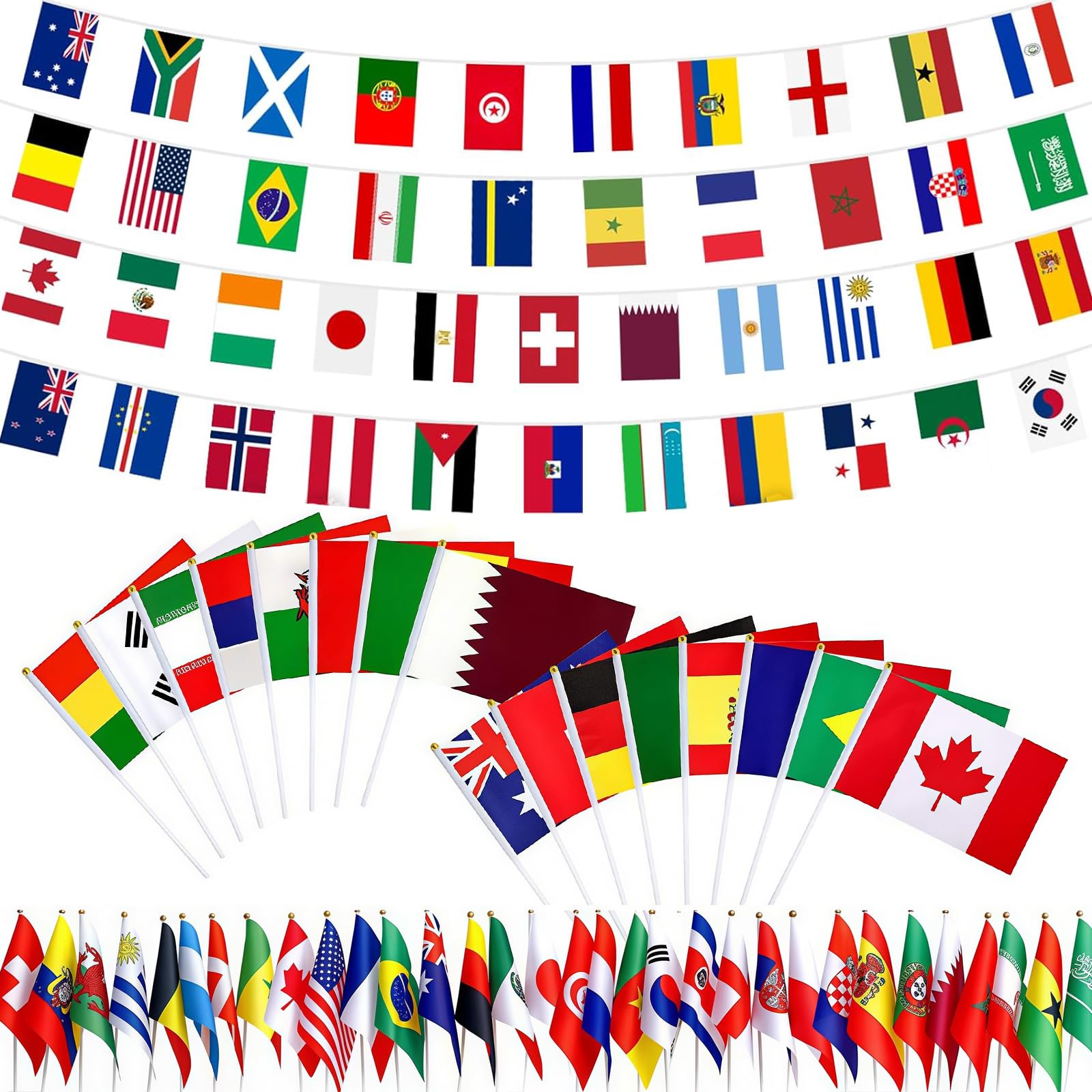 2026 World Football Cup Flags Bunting Set, 15m 48 Countries Flag Banner with 48 Hand Flags on Sticks, Football Party Decorations for Bar Garden Pub Street Party — image 1