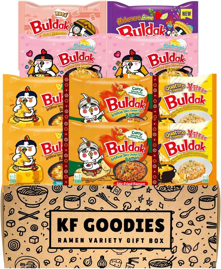 KF GOODIES Korean Ramen Variety Pack Gift Box (10 Count) – Spicy Buldak Noodle Assortment for Birthdays, College Care Packages, Office Snacks, and Gift Baskets