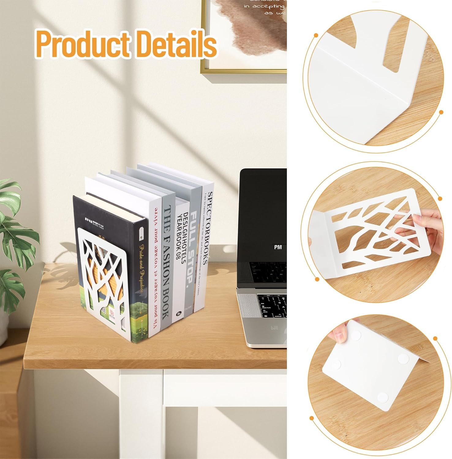 Fermalibri in Metallo per Scaffali, Bookends con Antiscivolo, Bianco