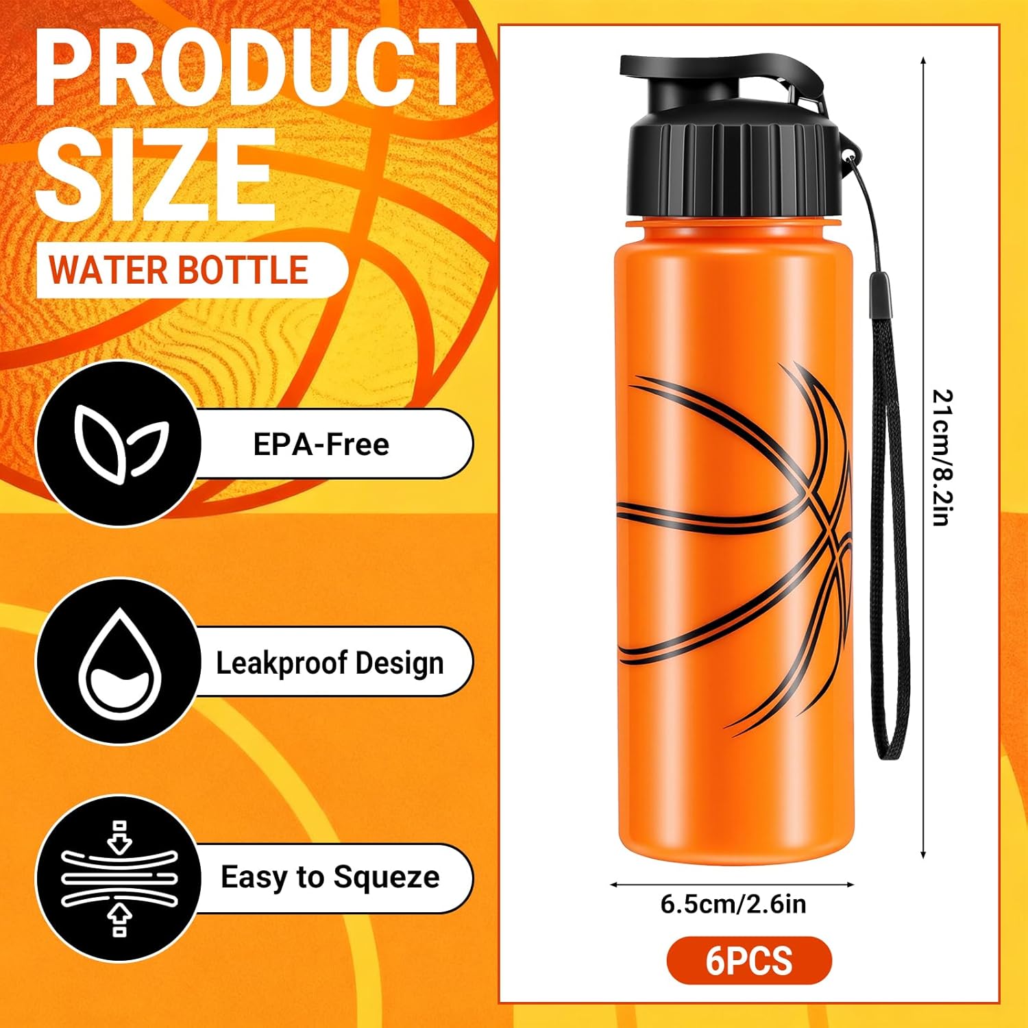 Olgaa 12 Pcs Basketball Party Favors Include 6 Pcs Water Bottle 20 oz 6 Pcs Drawstring Bag Sports Themed Reusable Drink Bottles Bulk Accessories for Players Lovers Team Gifts (Basketball) - Image 3