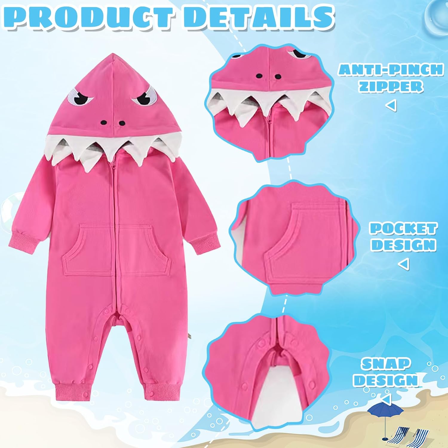 Baby Boy Girl Shark Costumes Halloween Onesie Cartoon Hooded Romper Jumpsuit Outfit Zip Bodysuit Infant Toddler - Image 2