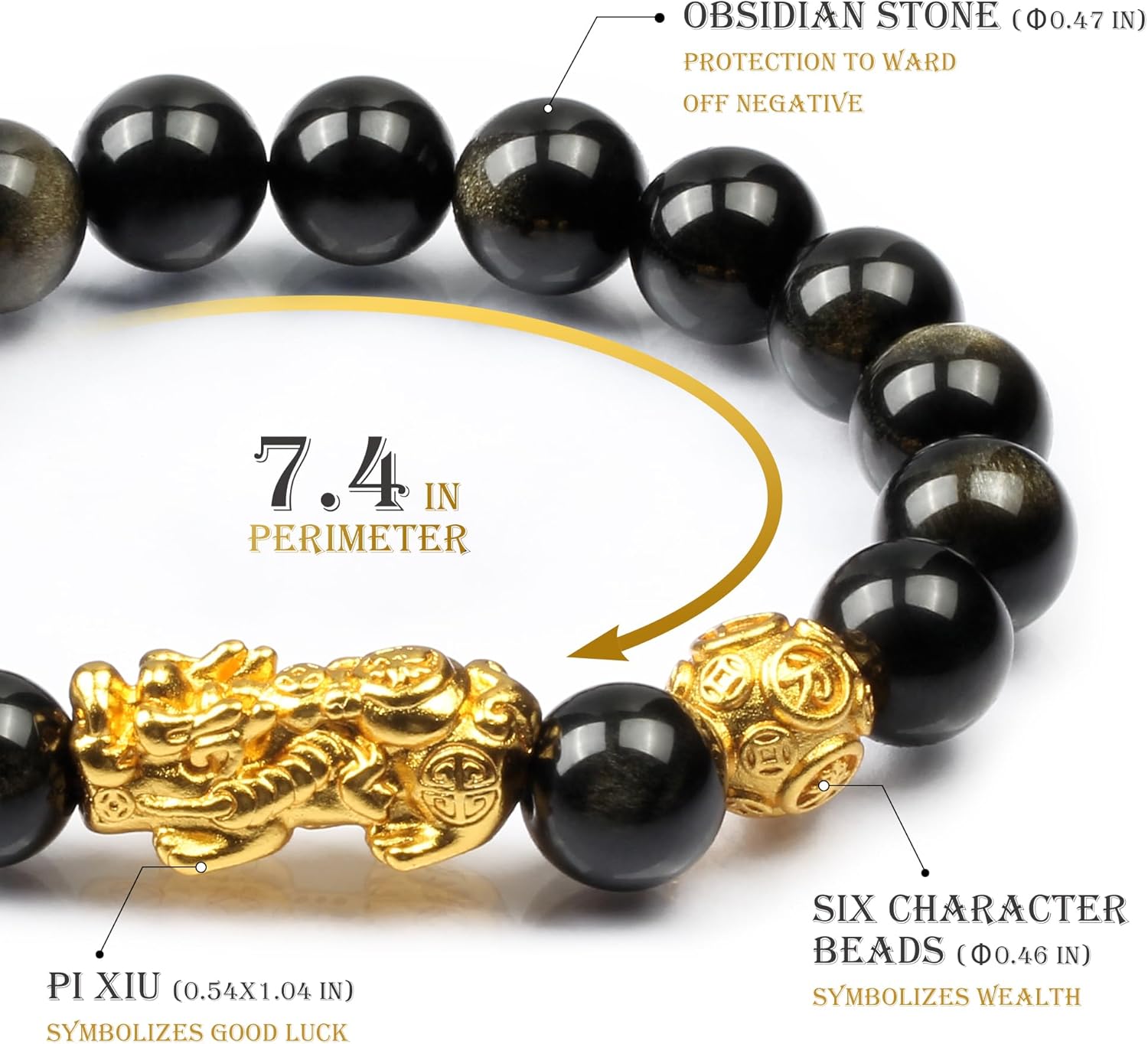 Feng Shui Obsidian bracelet, 24K Gold Plated Pixiu and Six Syllable Mantra of Buddhism brings Fortune and Good Luck, Healing and Protection bracelet, Elastic bracelet for Women and Men - Image 2