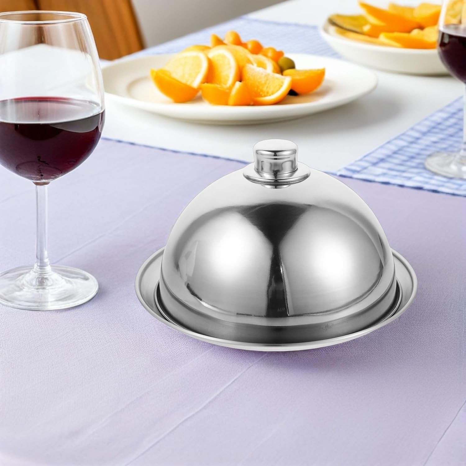 2pcs round Stainless Steel Food Dome Covers with Serving Plates, Easy Handling and Elegant Design for Dining Settings and Parties, Cheese Melting and Dessert Protection