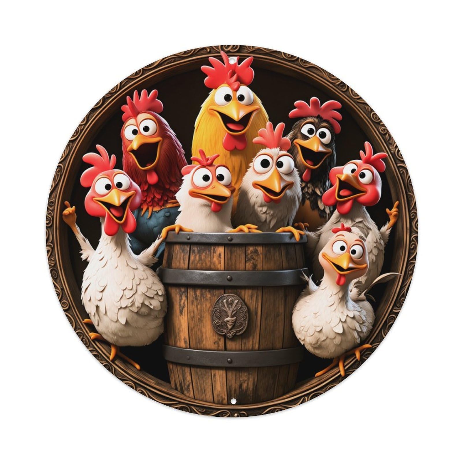 Chicken Barrel Fun Group Cartoon Round Tin Sign Vintage Metal Poster, Home Bar Garage Man Cave Cafe Indoor & Outdoor Wall Decoration 8x8Inches