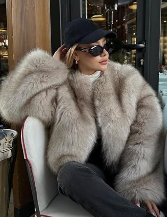 Yimoon Womens Faux Fur Coat Winter Warm Cropped Fur Jacket | Open Front, Crewneck, Long Sleeve, Fuzzy Cardigan Coat, Shaggy Outerwear, Fluffy Jacket