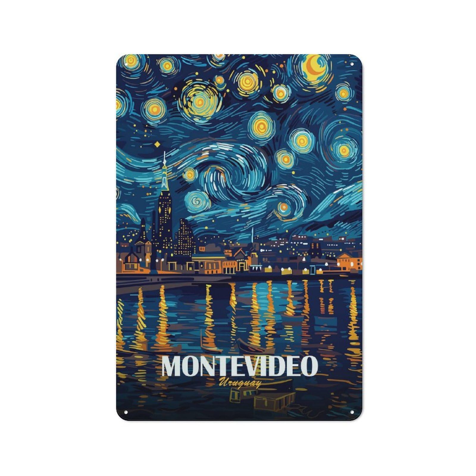 Junmoney Style-15 Montevideo Uruguay Starry Night Art Rustic Tin Sign 30X20cm For Lounge Or Reading Corner, For Metal Sign Collectors, For Cafés, Pubs And Restaurants