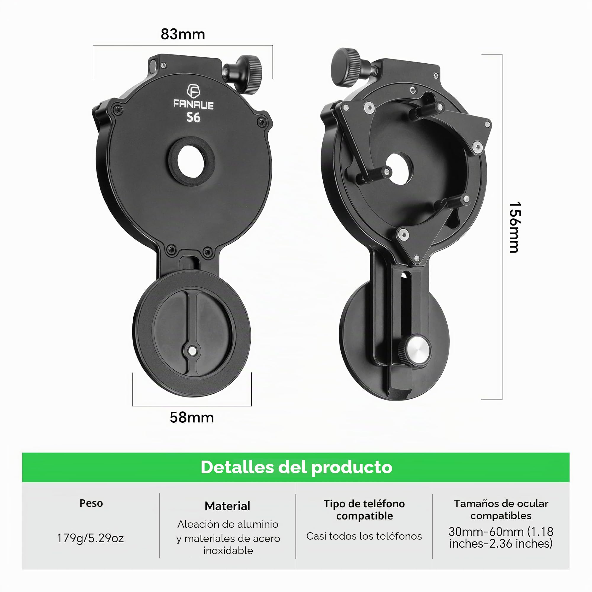 FANAUE Adaptador de teléfono telescópico, soporte de teléfono inteligente para prismáticos, microscopio monocular, soporte magnético para teléfono celular para fotografía de cámara