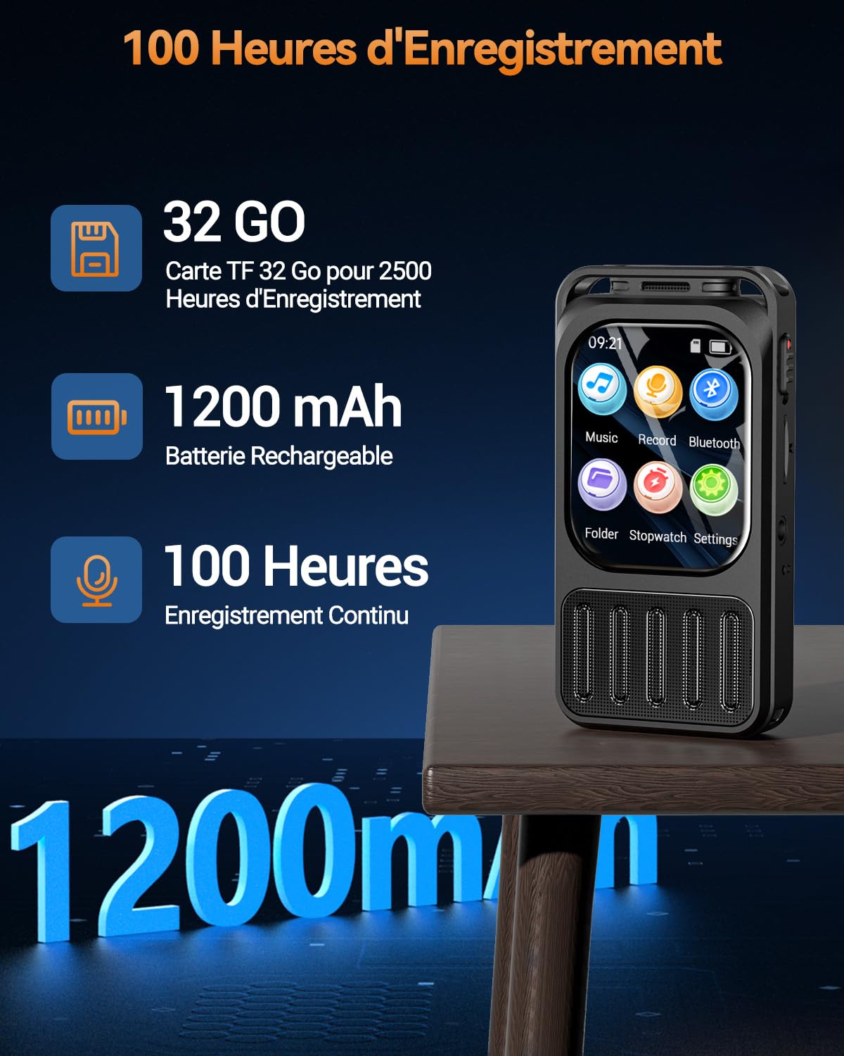 Enregistreur Vocal avec Écran Tactile 2" et Bluetooth, XIXITPY 3072Kbps HD Dictaphone avec Autonomie 100H, Réduction du Bruit, MP3, Activation Vocale pour Cours, Réunions, Entretiens
