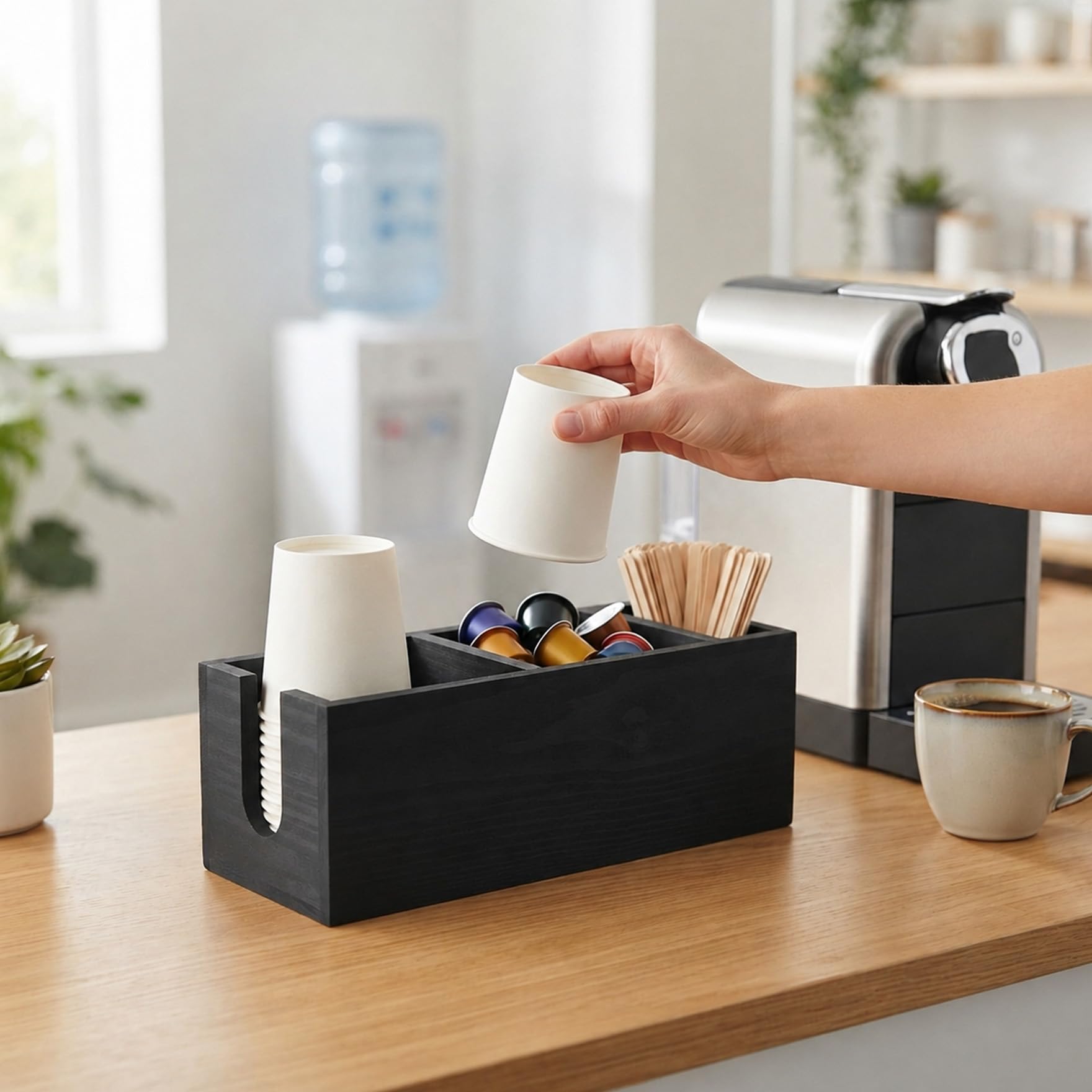 Klmnop Soporte para tazas de café para encimera, soporte desechable de madera para tazas de café, organizador de estación de café para tapa de taza, agitadores y cápsulas (negro)