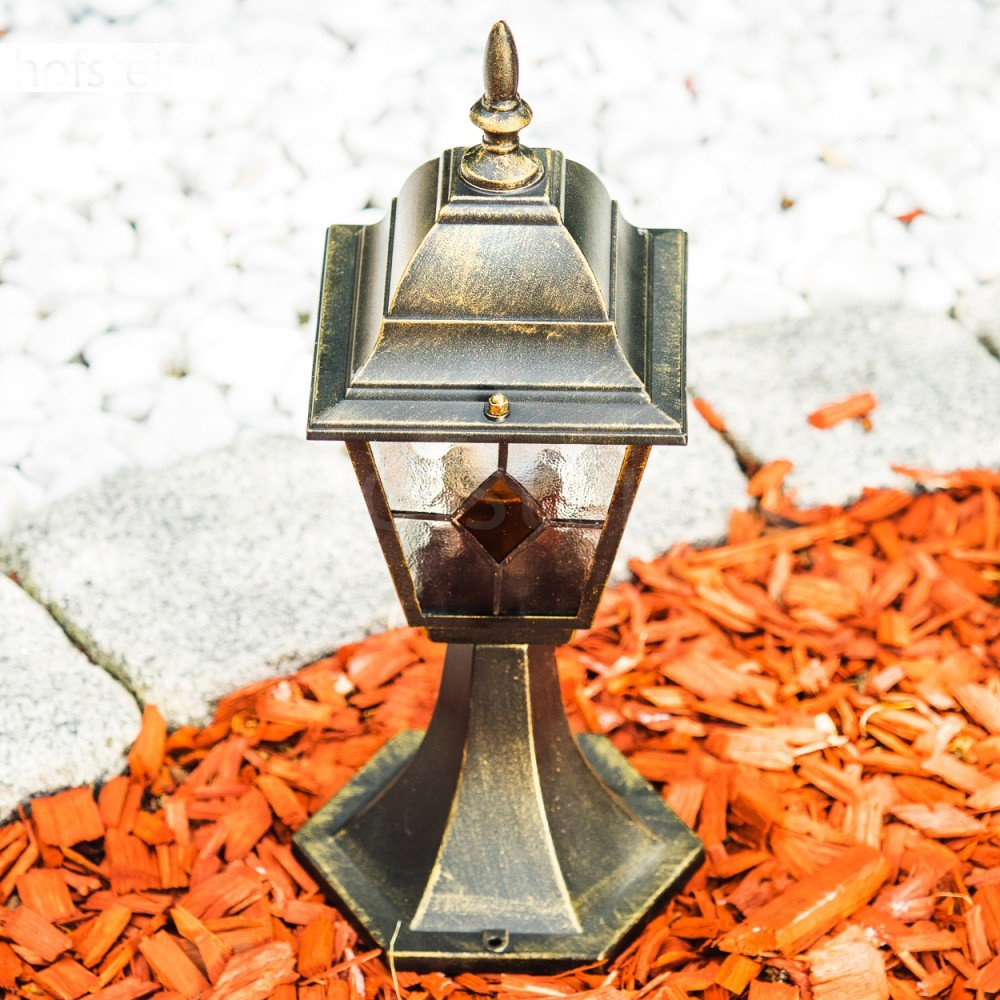 Lámpara de exterior Antibes, lámpara de pie de aspecto antiguo, aluminio fundido en marrón/oro con cristales, luz de camino de 40 cm, lámpara de jardín retro/vintage, E27, IP44, sin bombilla(s)