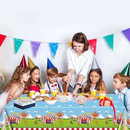 Miniatura 3 de Paquete de 4 manteles con temática de circo, 51 x 87 pulgadas, mantel rectangular desechable de plástico para carnaval, mantel a rayas rojas y