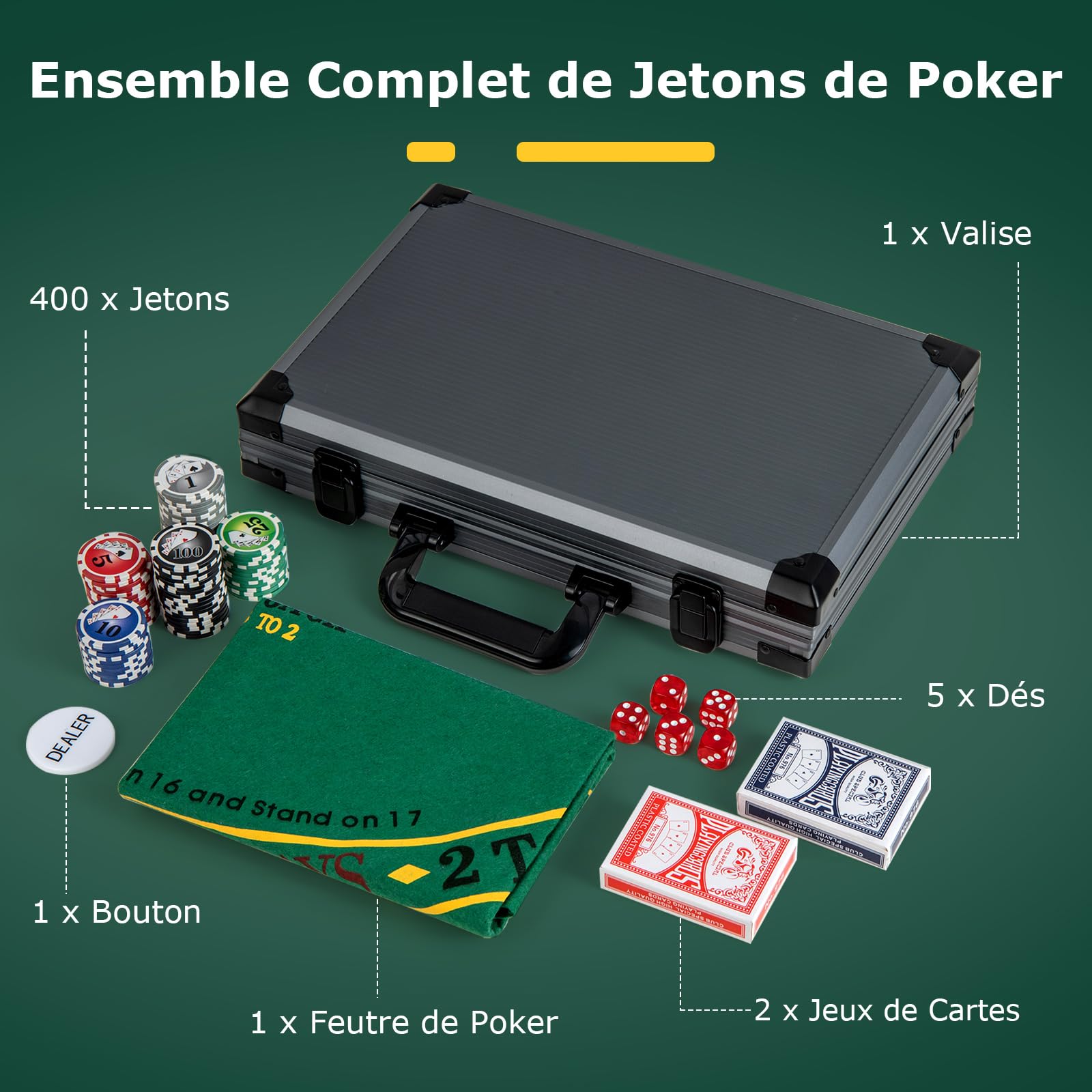 COSTWAY Mallette de Poker en Aluminium avec 400 Jetons & 2 Jeux de Cartes & 5 Dés, Coffret de Poker Verrouillable avec 1 Dealer & Tapis en Feutre & 2 Clés pour Casino Fête Soirée en Famille